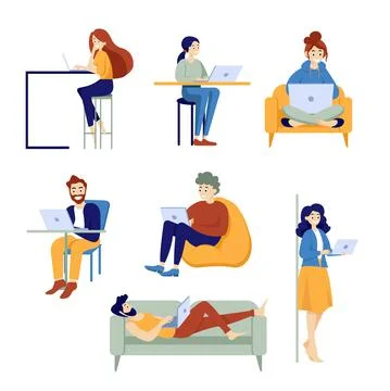 Set of young People use Laptops. Characters with Different Devices. Boys and Stock-Illustration