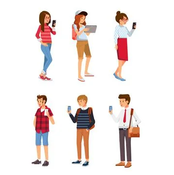Set of young people using gadget. Young man and women using smartphone and ta Stock Illustration