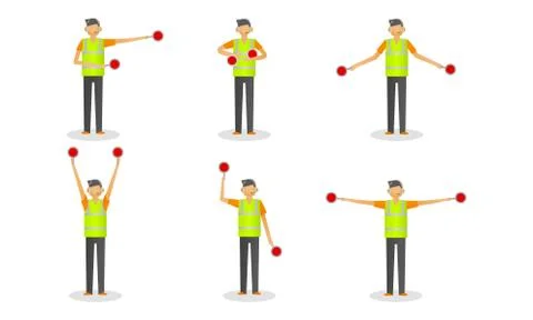 Set of young traffic controller in special costume with signs during work Stock Illustration