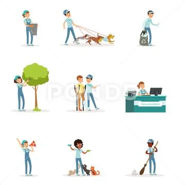 Set of young volunteers helping people Stock Illustration