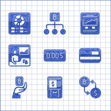 Set Zero cost, ATM and money, Cryptocurrency exchange, Credit card, Hand holding Stock Illustration