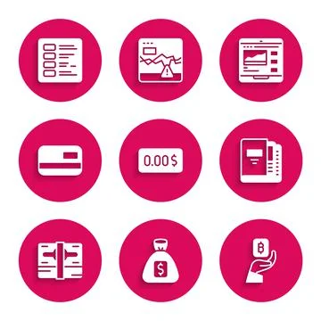 Set Zero cost, Money bag, Hand holding Bitcoin, Office folders, Stacks paper Stockillustratie