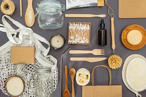 Set of zero waste and reusable products from natural materials Stock Photos