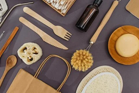 Set of zero waste and reusable products from natural materials Stock Photos
