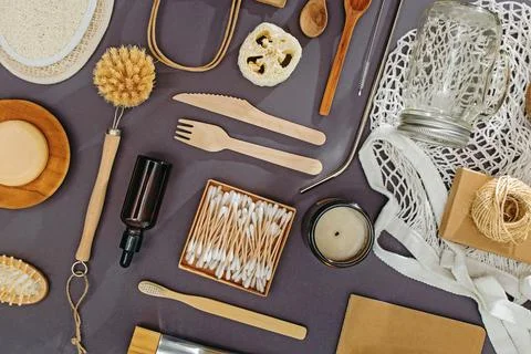 Set of zero waste and reusable products from natural materials Stock Photos