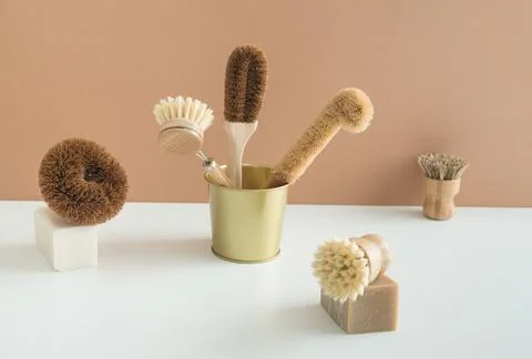 Set of zero waste bamboo brushes for dishwashing in minimalistic style Stock-Fotos