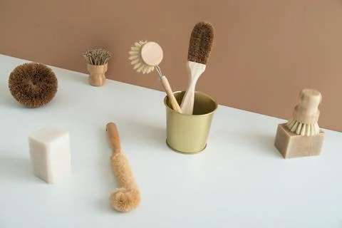 Set of zero waste bamboo brushes for dishwashing in minimalistic style Stock Photos