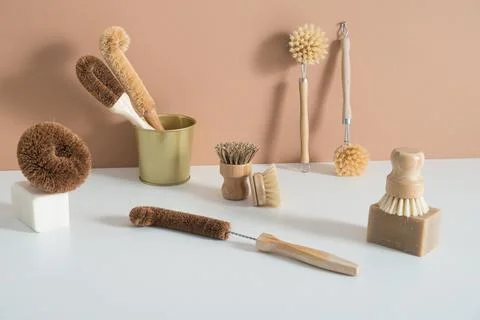Set of zero waste bamboo brushes for dishwashing in minimalistic style Stock Photos