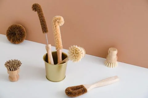 Set of zero waste bamboo brushes for dishwashing in minimalistic style Stock Photos