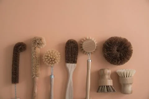Set of zero waste bamboo brushes for dishwashing in minimalistic style Stock Photos