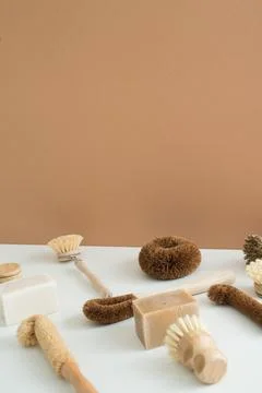 Set of zero waste bamboo brushes for dishwashing Stock Photos