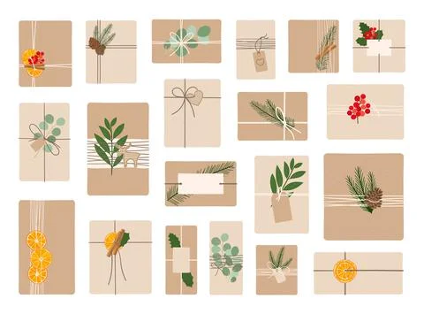 Set of zero waste, eco-friendly packaging gifts. Wrapping present boxes with  Stock Illustration