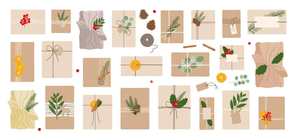 Set of zero waste, eco-friendly packaging gifts. Wrapping present boxes with  Stock Illustration
