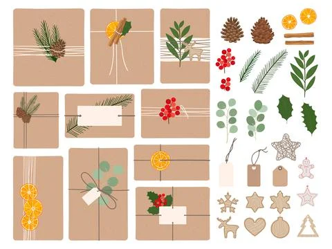 Set of zero waste, eco-friendly packaging gifts. Wrapping present boxes with  Stock Illustration