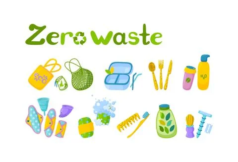 Set of zero waste items. Symbol of recycling and reusable items. Refuse, reduce Stock Illustration