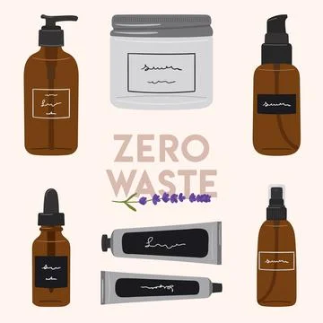 Set of zero waste organic cosmetics in recycling glass bottle, jar, tube fo.. Stock Illustration