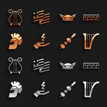 Set Zeus, Ancient Greek pattern, Harp, Olive and cheese on chopstick, helmet Stock Illustration
