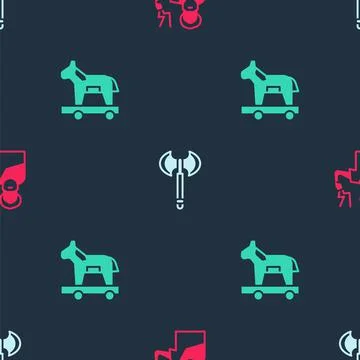 Set Zeus, Medieval axe and Trojan horse on seamless pattern. Vector Stock Illustration