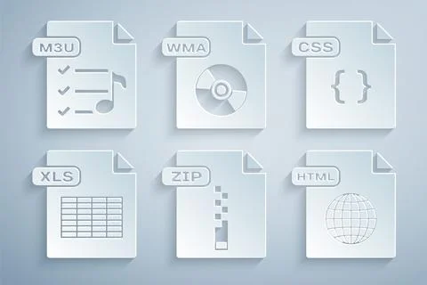 Set ZIP file document, CSS, XLS, HTML, WMA and M3U icon. Vector Stock Illustration