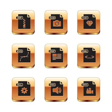 Set ZIP file document, DLL, WMA, PDF, SVG, RUBY, MOV and RAW icon. Vector Stock Illustration