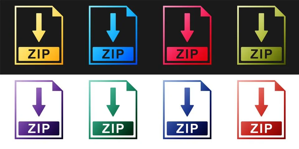 Set ZIP file document icon. Download ZIP button icon isolated on black and white 스톡 일러스트
