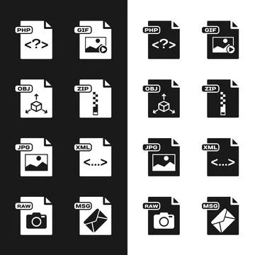Set ZIP file document, OBJ, PHP, GIF, JPG, XML, MSG and RAW icon. Vector 스톡 일러스트