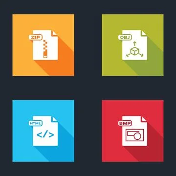 Set ZIP file document, OBJ, HTML and BMP icon. Vector Illustrazione stock