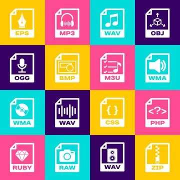 Set ZIP file document, PHP, WMA, WAV, BMP and OGG icon. Vector イラスト素材