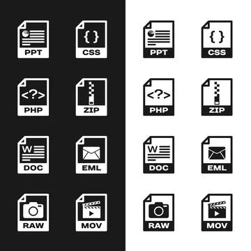 Set ZIP file document, PHP, PPT, CSS, DOC and EML icon. Vector 스톡 일러스트