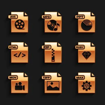 Set ZIP file document, TIFF, MAX, RUBY, MOV, HTML, PPT and AVI icon. Vector Stock Illustration