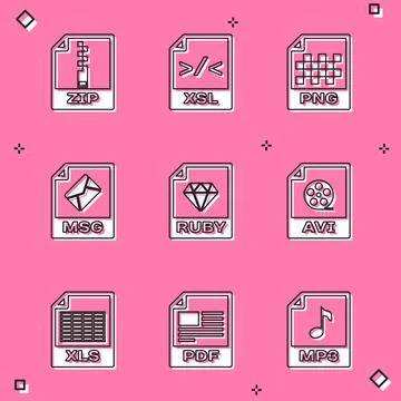 Set ZIP file document, XSL, PNG, MSG, RUBY and AVI icon. Vector イラスト素材