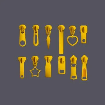 Set of zipper pullers or fastener clasp 3d realistic vector illustration Stock Illustration