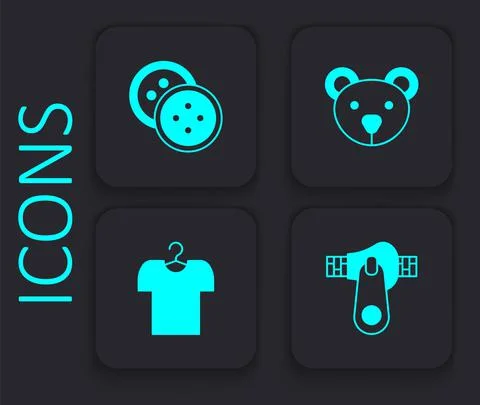 Set Zipper, Sewing button for clothes, Teddy bear plush toy and T-shirt hanger Illustrazione stock
