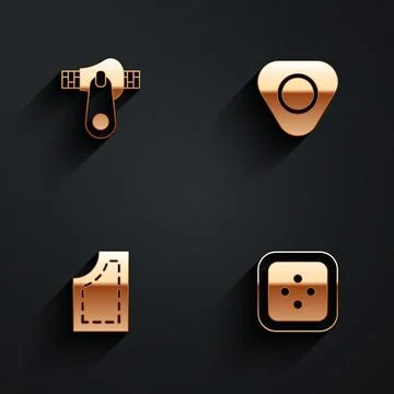 Set Zipper, Sewing chalk, pattern and button for clothes icon with long shadow Stock Illustration