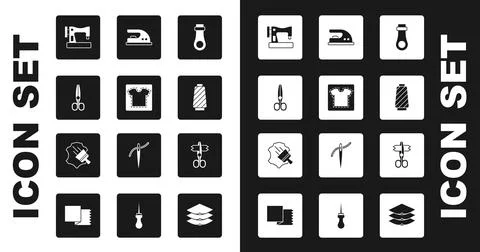 Set Zipper, Sewing pattern, Scissors, machine, thread on spool, Electric iron Illustrazione stock