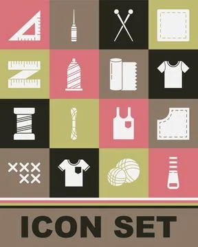 Set Zipper, Sewing Pattern, T-shirt, Knitting needles, thread, Tape measure Stock Illustration