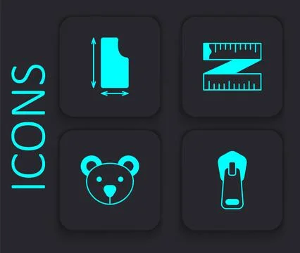 Set Zipper, Sewing pattern, Tape measure and Teddy bear plush toy icon. Black Stock Illustration