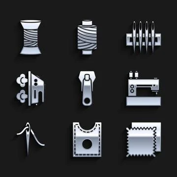 Set Zipper, Sewing Pattern, Textile fabric roll, machine, Needle for sewing with Illustrazione stock