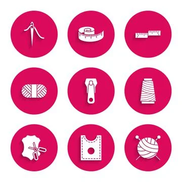 Set Zipper, Sewing Pattern, Yarn ball with knitting needles, thread on spool Illustrazione stock