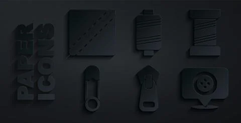 Set Zipper, Sewing thread, Safety pin, Location tailor shop, and Pattern icon Illustrazione stock