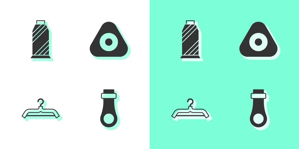 Set Zipper, Sewing thread on spool, Hanger wardrobe and chalk icon. Vector Stock Illustration