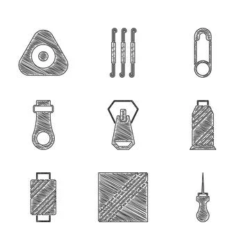 Set Zipper, Textile fabric roll, Awl tool, Sewing thread on spool, Safety pin Stock Illustration