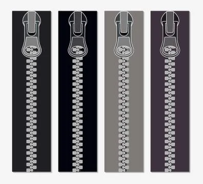 Set of zippers for clothes, vector illustration of zippers in gray colors, re Stock Illustration