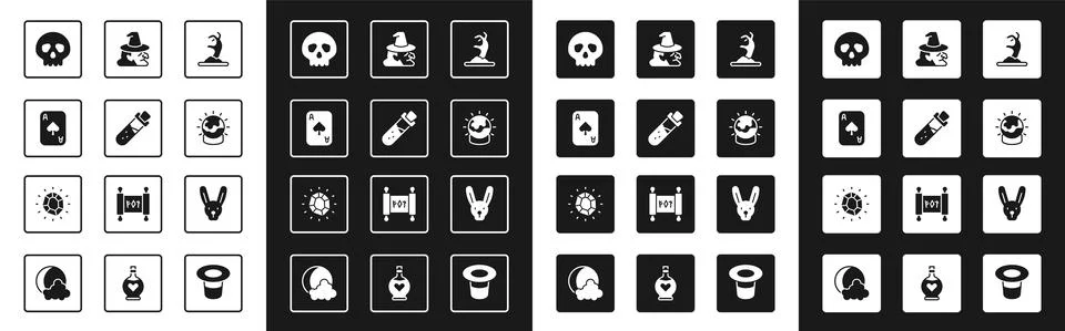 Set Zombie hand, Bottle with potion, Playing cards, Skull, Magic ball, Witch Stock-Illustration