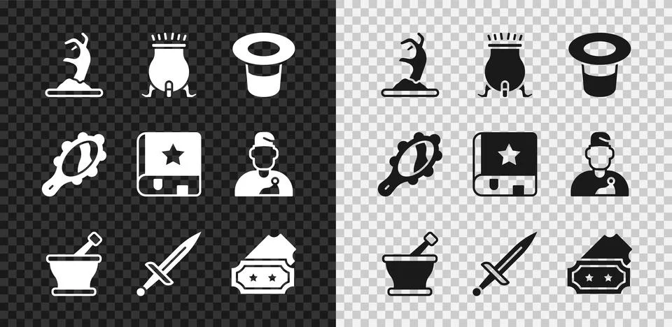 Set Zombie hand, Witch cauldron, Magic hat, Mortar pestle, Dagger, Ticket, .. Stock Illustration