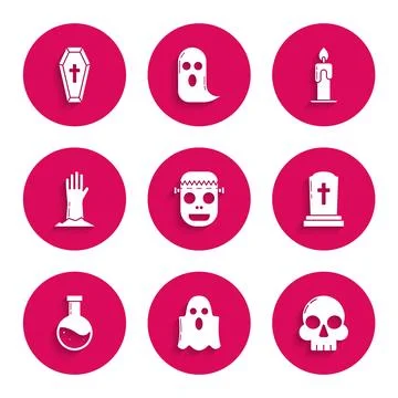 Set Zombie mask, Ghost, Skull, Tombstone with cross, Bottle potion, hand Stock-Illustration