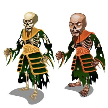 Set of zombie samurai isolated on white background. Vector cartoon close-up Stock Illustration