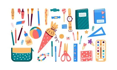 Set,collection of school stationery objects.Vector illustration in flat style Illustrazione stock