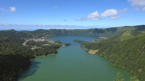Sete Cidades is a double lake, blue and green water. São Miguel, Azores. Stock Footage 328740445