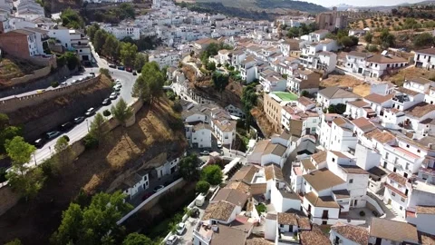 Setenil de las Bodegas drone aerial view of town in andalucia mountains. Video stock 178972967